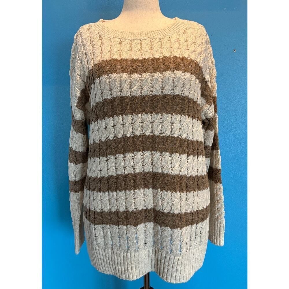 NWOT Anthro PILCRO Sweater Cable Knit Pullover Cotton Blend Stripe Hi-Lo XL
